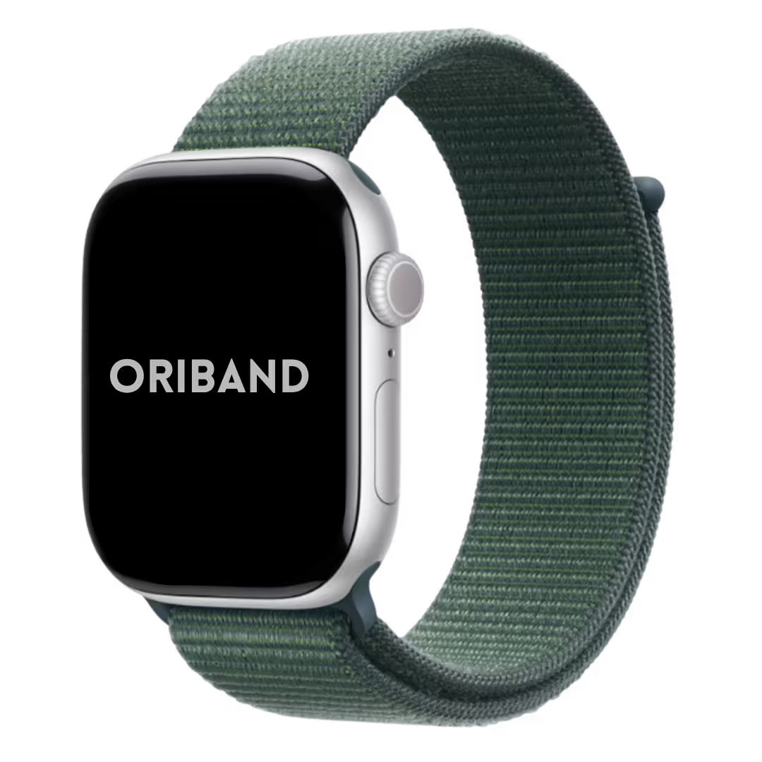 apple watch with a green band on a white background, featuring the brand 'Oriband'.