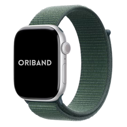 apple watch with a green band on a white background, featuring the brand 'Oriband'.