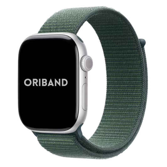 apple watch with a green band on a white background, featuring the brand 'Oriband'.