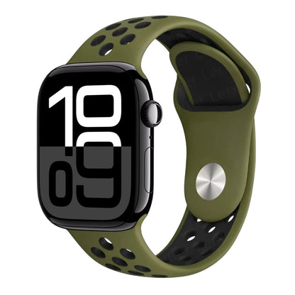 Apple Watch series 10 with a Army green Silicone band on a white background