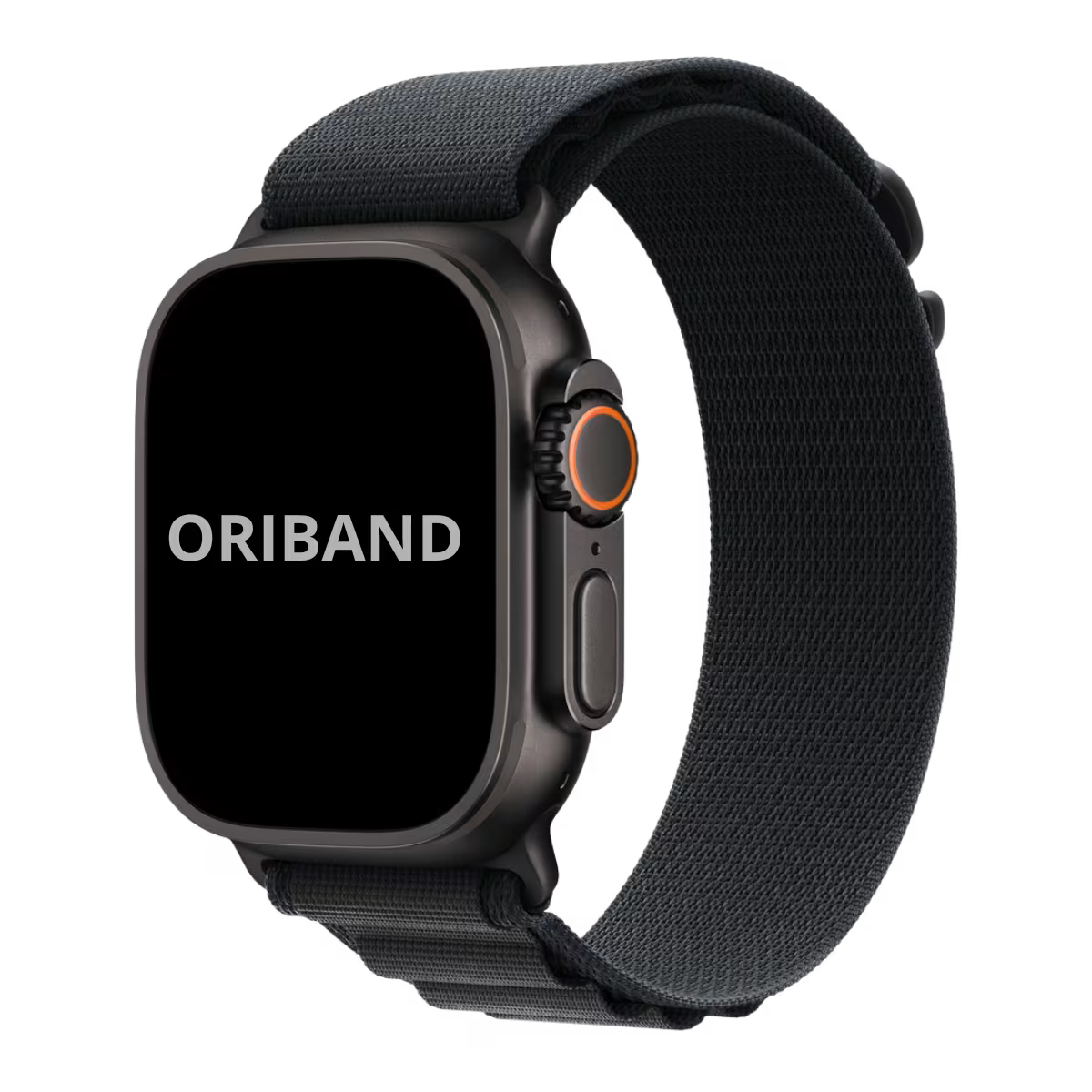 Face view Apple watch Ultra 3 with Black Alpine loop band and black hardware finish.