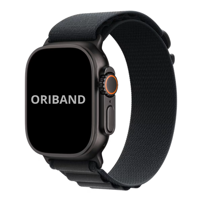 Face view Apple watch Ultra 3 with Black Alpine loop band and black hardware finish.