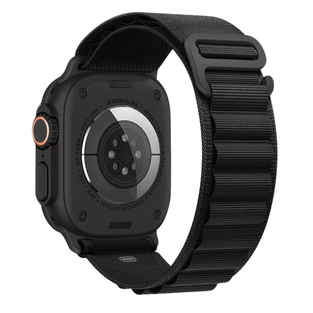 Front view Apple watch Ultra 3 with Black Alpine loop band and black hardware finish.