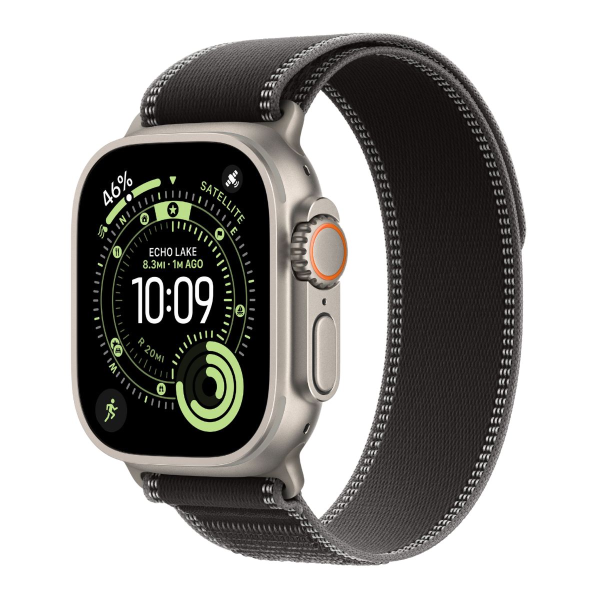 Titanium Apple Watch Ultra with a black/charcoal Trail loop band on a white background