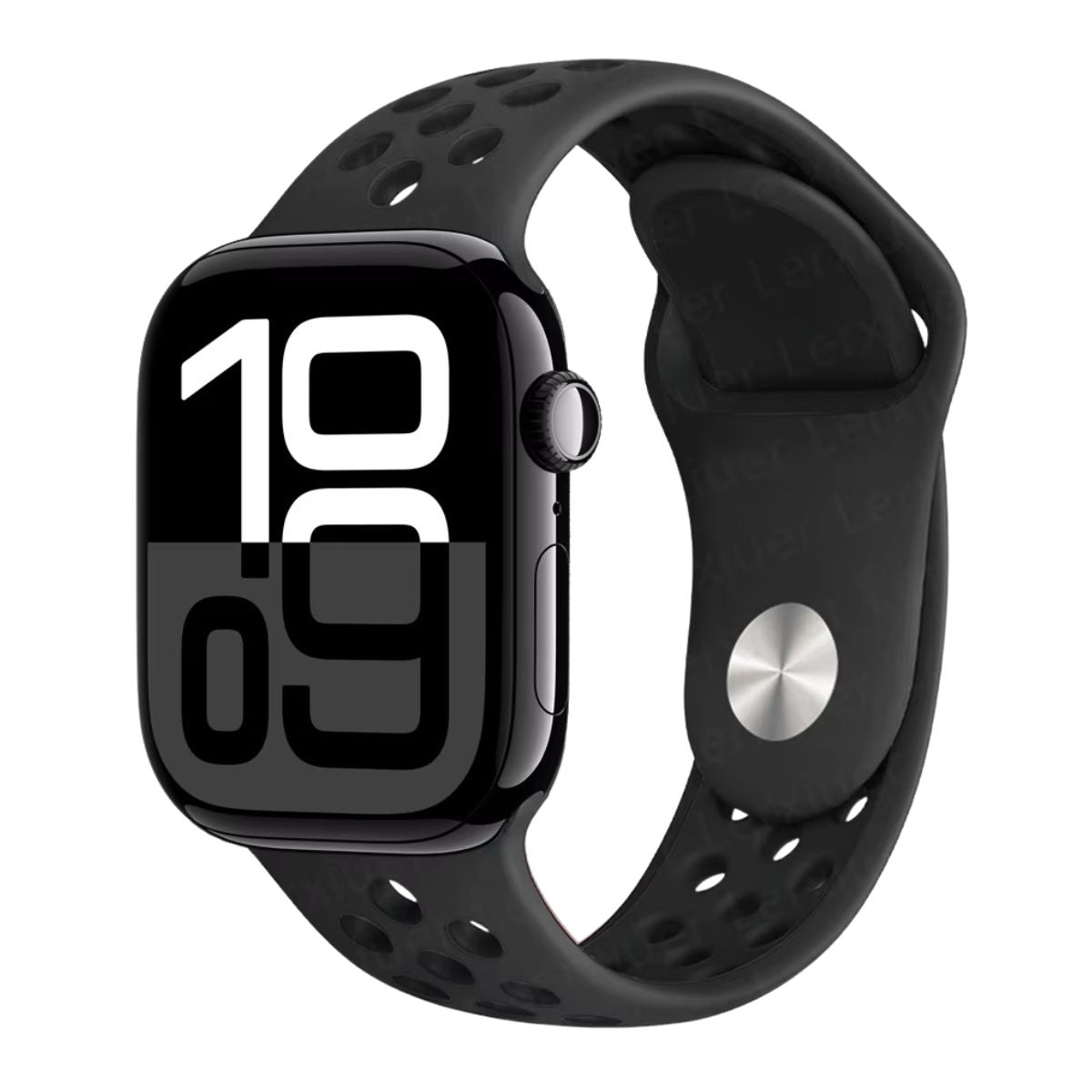 Black Apple Watch series 10 with a black band on a white background
