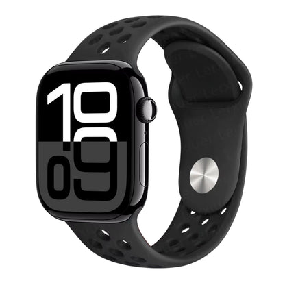 Black Apple Watch series 10 with a black band on a white background