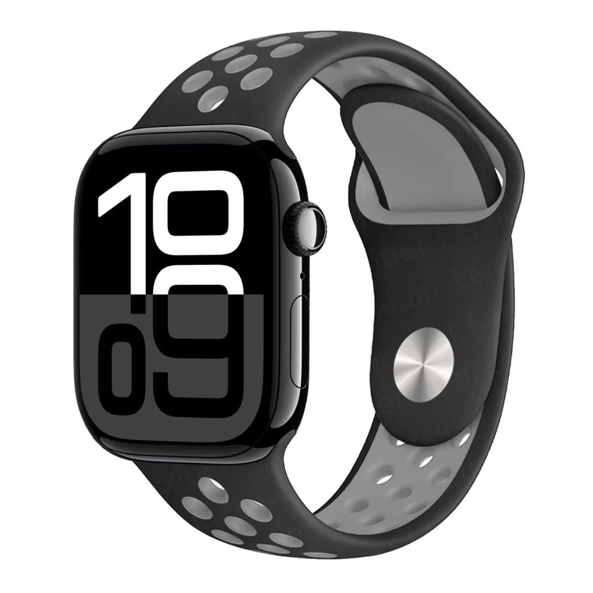 Black Apple Watch series 10 with a black and gray Silicone Nike band on a white background