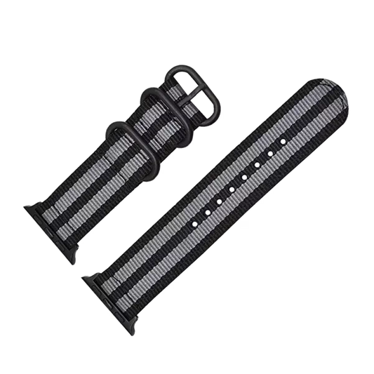 Black Gray two-pieces nylon nato strap for apple watch band with black buckle & black connectors.