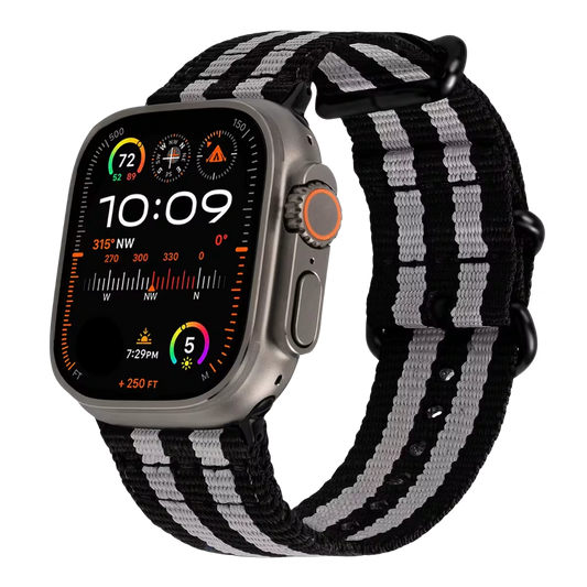 Apple watch ultra with a Black Striped Nato strap & black buckle on a transparent background