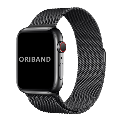 Black Milanese Loop band for Apple Watch with magnetic clasp, sleek stainless steel mesh design on white background.