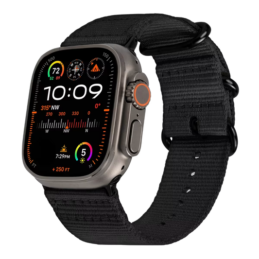 Apple watch ultra with a black Nato strap & black buckle on a transparent background