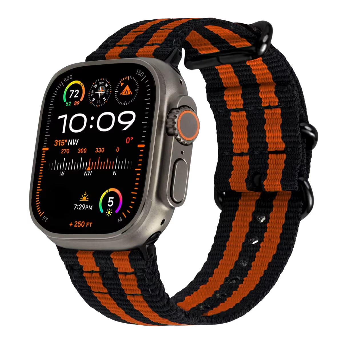 Apple watch ultra with a Black Orange Nato strap & black buckle on a transparent background