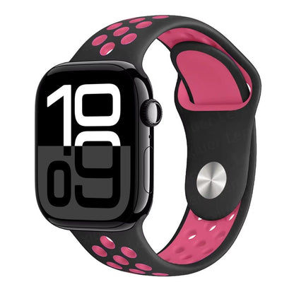 Apple Watch series 10 with a black and pink band on a white background