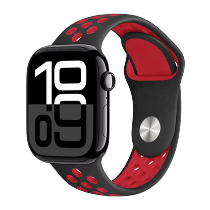 Apple Watch series 10 with a black and red Sports silicone band on a white background