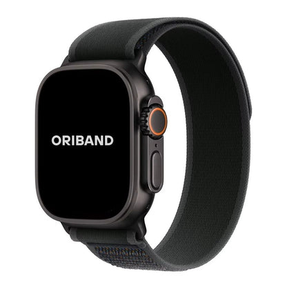 Black Trail Loop Apple Watch band with black connector – sleek, durable nylon strap designed for comfort and performance.