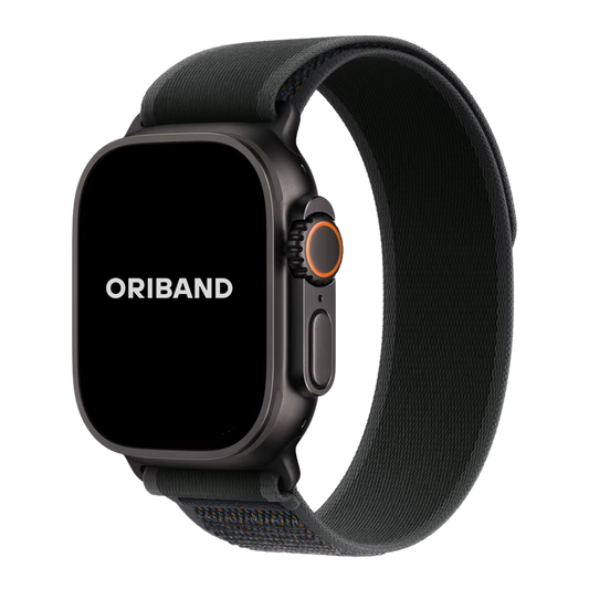 Black Trail Loop Apple Watch band with black connector – sleek, durable nylon strap designed for comfort and performance.