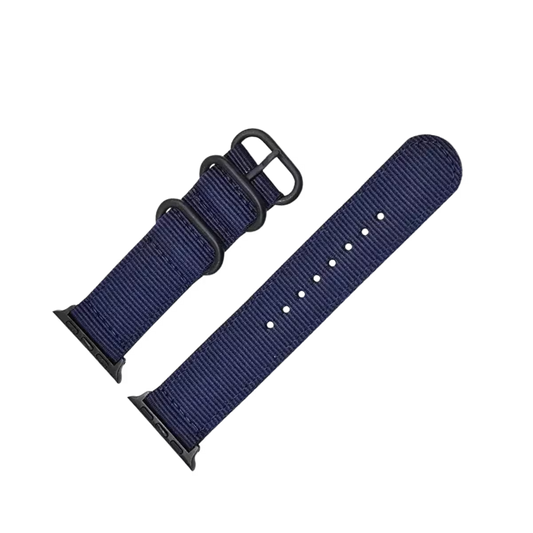 blue two-pieces nylon nato strap for apple watch band with black buckle & black connectors.