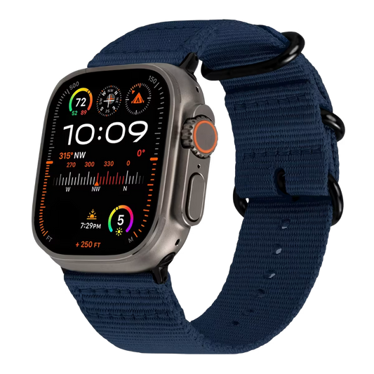 Apple watch ultra with a blue Nato strap & black buckle on a transparent background