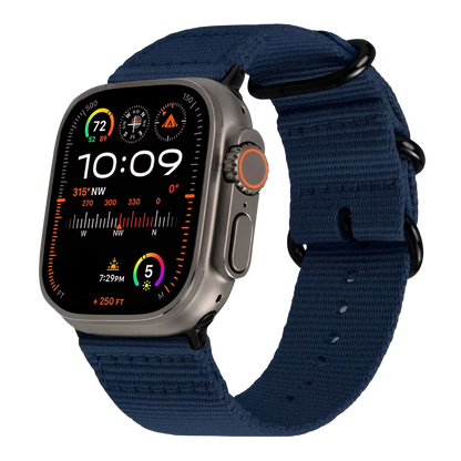 Apple watch ultra with a blue Nato strap & black buckle on a transparent background