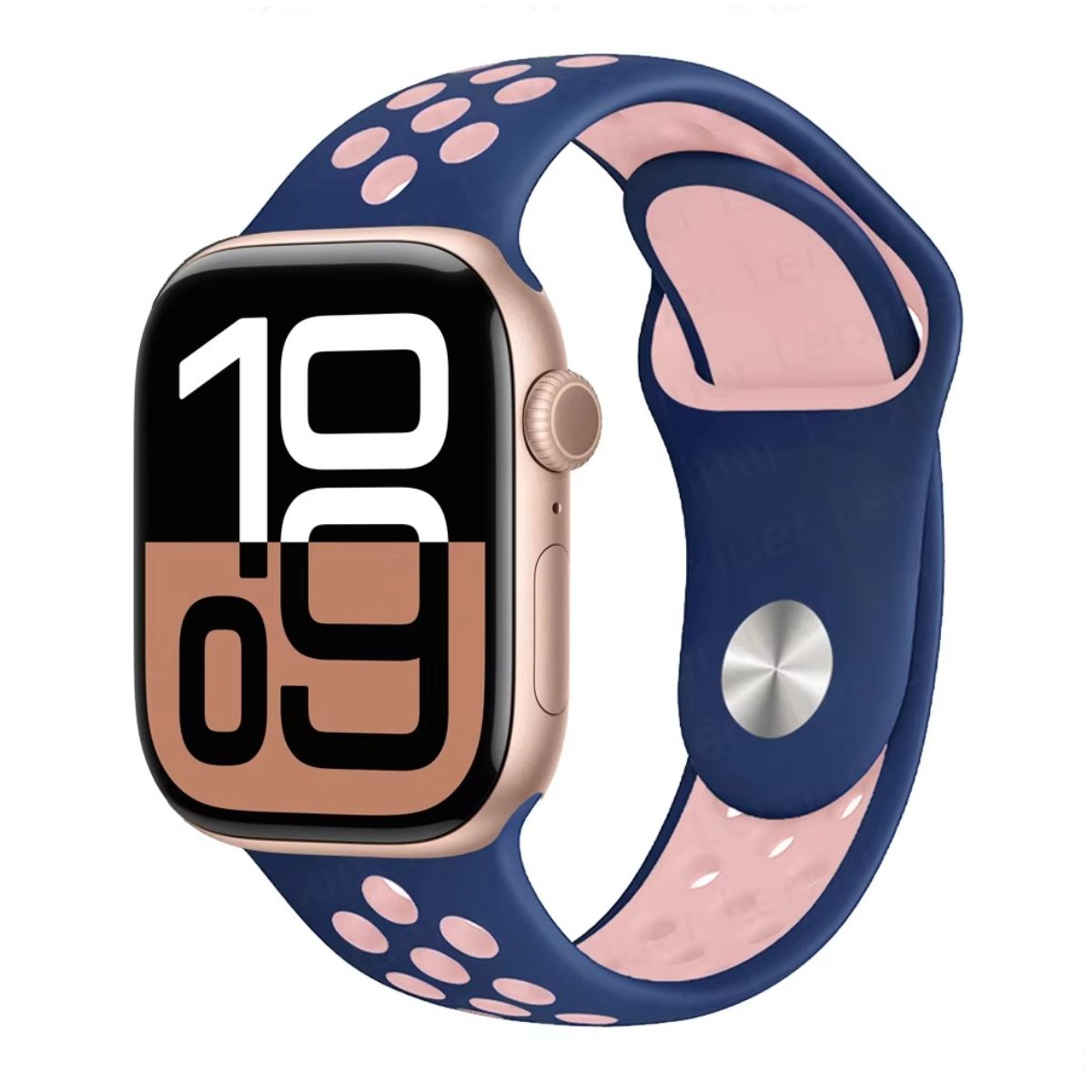 Apple Watch series 10 with a blue and pink band on a white background