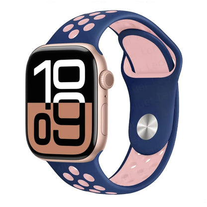 Apple Watch series 10 with a blue and pink band on a white background