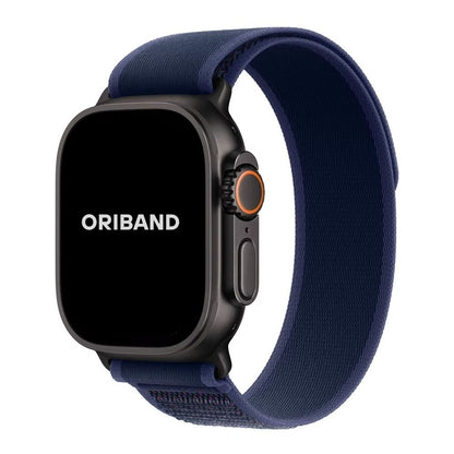Blue Trail Loop Apple Watch band with black connector – ultra-soft nylon band with secure fit and versatile style.