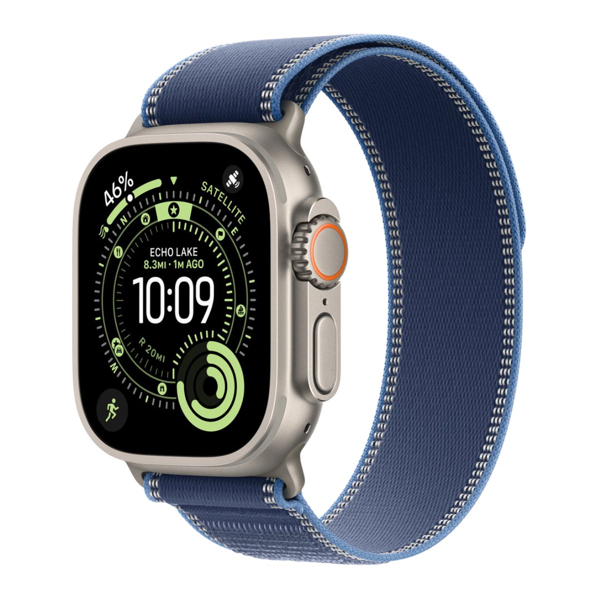 Titanium Apple Watch Ultra with a Bright blue Trail loop band on a white background