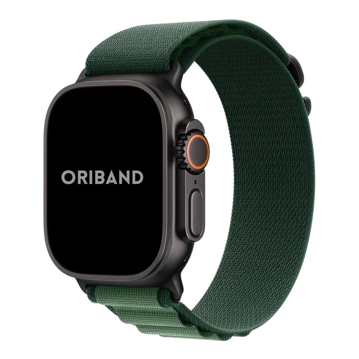 Apple Watch Ultra with a dark green Alpine Loop band on a white background, featuring the brand 'Oriband'.