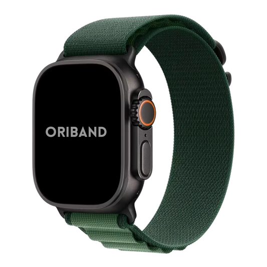 Apple Watch Ultra with a dark green Alpine Loop band on a white background, featuring the brand 'Oriband'.