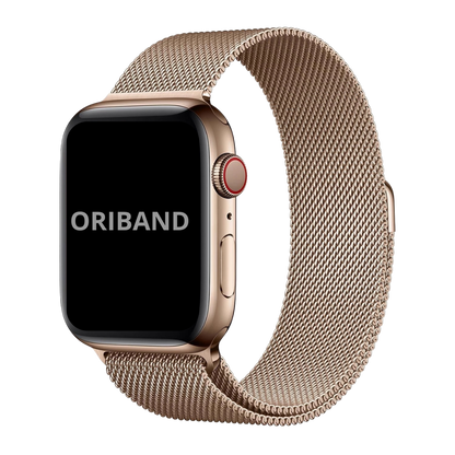 Gold Milanese Loop band for Apple Watch with magnetic clasp, premium stainless steel mesh strap on white background, featuring the brand 'Oriband'.