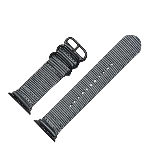 Dark Gray two-pieces nylon nato strap for apple watch band with black buckle & black connectors.