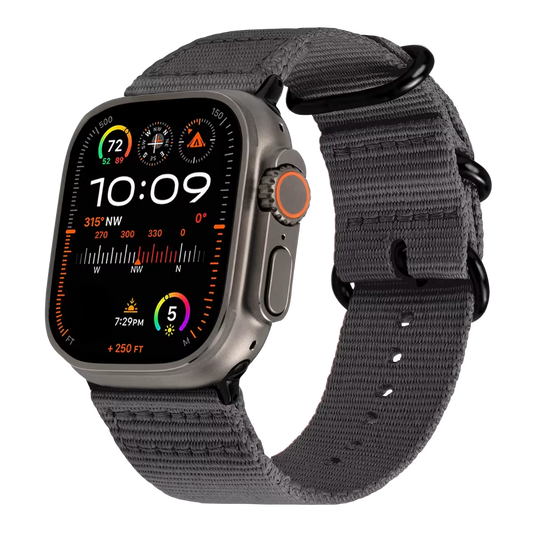 Apple watch ultra with a dark gray Nato strap & black buckle on a transparent background