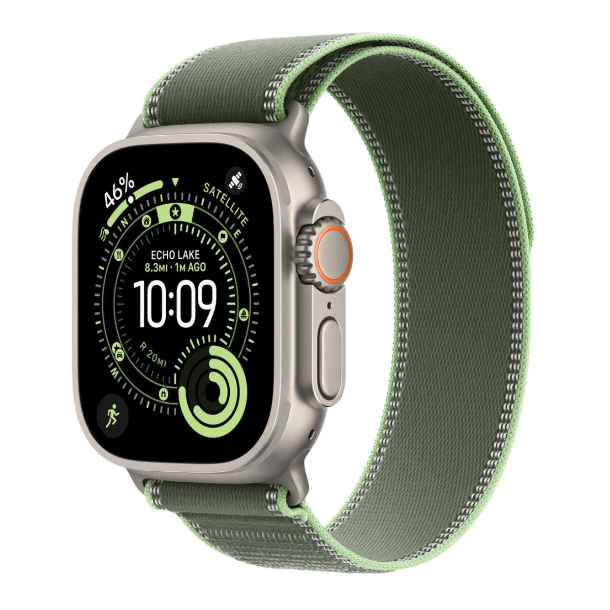 Titanium Apple Watch Ultra with a Green neon Trail loop band on a white background