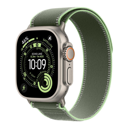 Titanium Apple Watch Ultra with a Green neon Trail loop band on a white background
