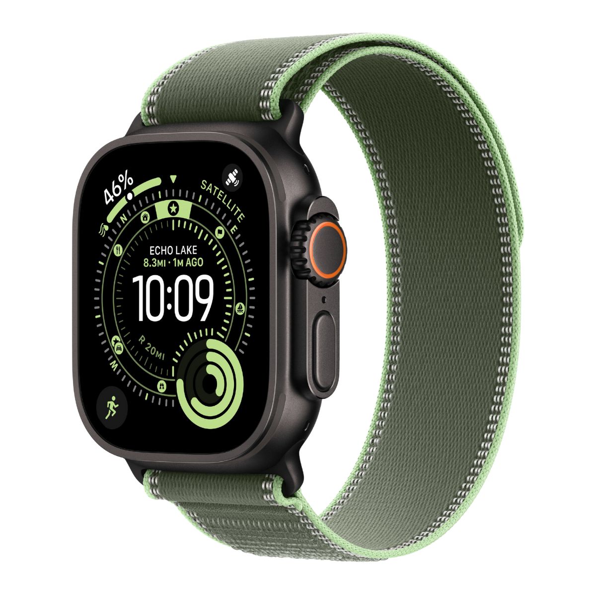 Black Apple Watch Ultra with a Green neon Trail loop band on a white background