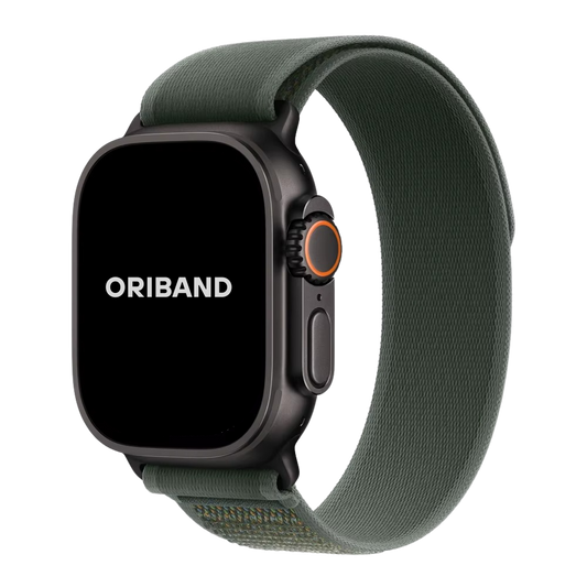 A Green Trail Loop Band for Apple Watch with a full green color scheme, featuring a secure closure and a digital display showing the brand name 'ORIBAND'.