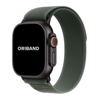 Green Trail Loop Apple Watch band with black connector – breathable, secure nylon strap for active lifestyles and all-day comfort.