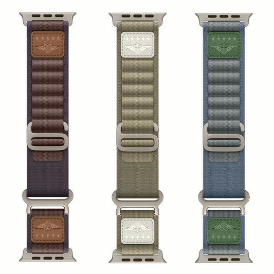 Military Alpine Loop Apple Watch Ultra band in indigo, blue,  and olive color options.