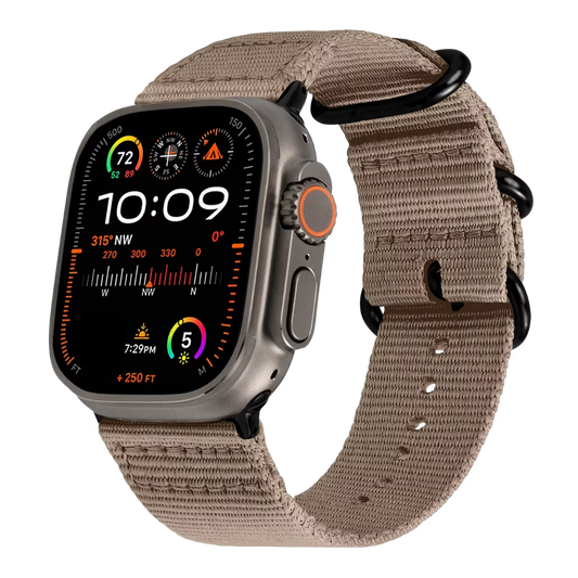 Apple watch ultra with a khaki Nato strap & black buckle on a transparent background