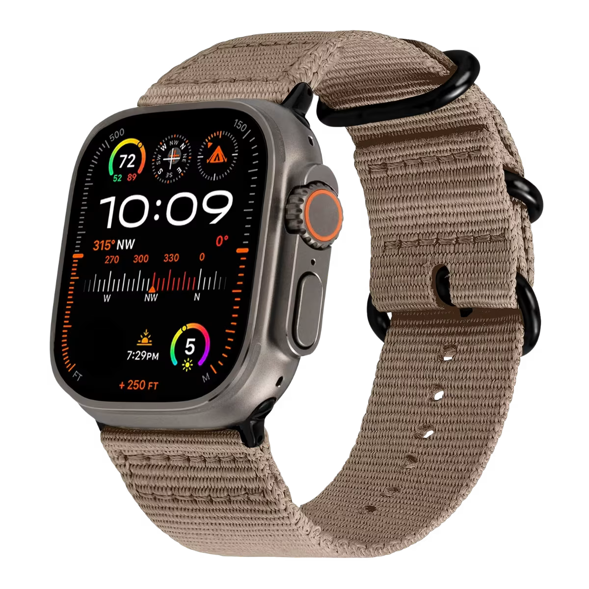 Apple watch ultra with a khaki Nato strap & black buckle on a transparent background