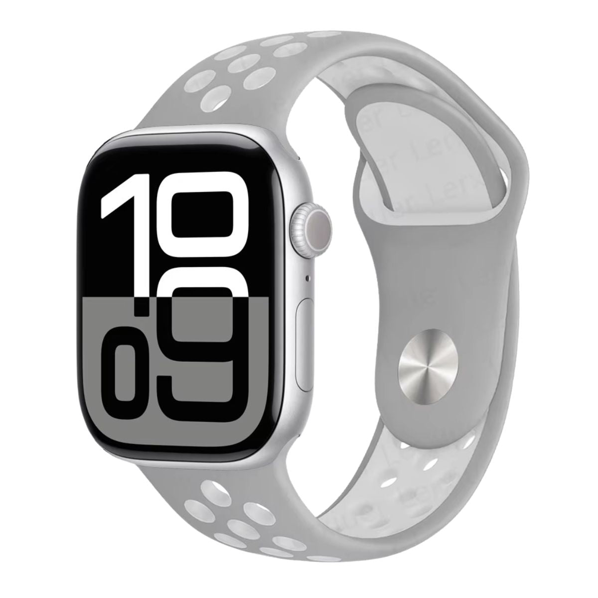 obsidian with a light gray silicone Nike band on a white background
