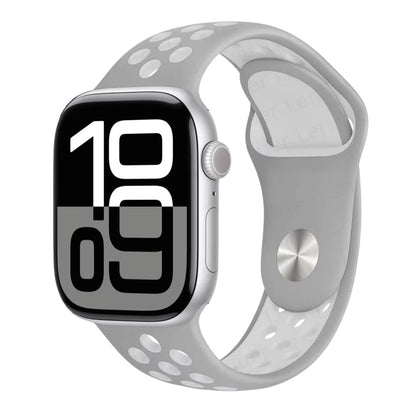 obsidian with a light gray silicone Nike band on a white background