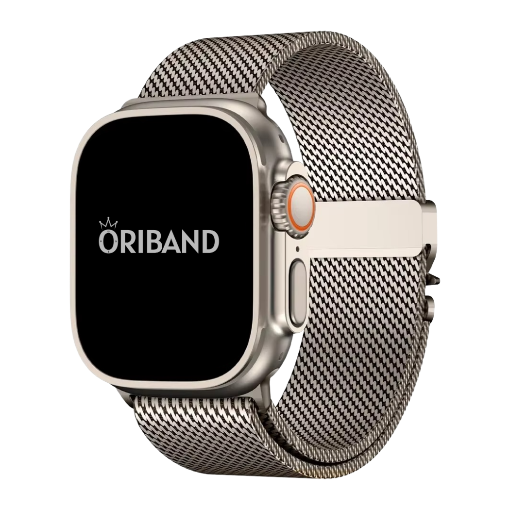 A titanium loop Apple Watch band attached to an Apple Watch Ultra, showcasing a breathable mesh design with a secure clasp.