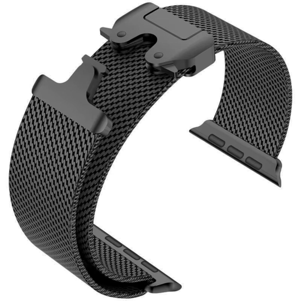 A modern black Milanese loop Apple Watch band attached to an Apple Watch Ultra, featuring a breathable stainless steel mesh and a secure parachute buckle.