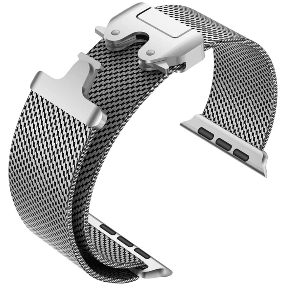 A stylish silver Milanese loop Apple Watch band fitted on an Apple Watch Ultra, highlighting its smooth stainless steel finish and comfortable fit.