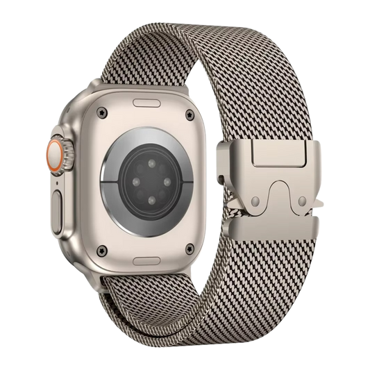 A titanium loop Apple Watch band attached to an Apple Watch Ultra, showcasing a breathable mesh design with a secure clasp.