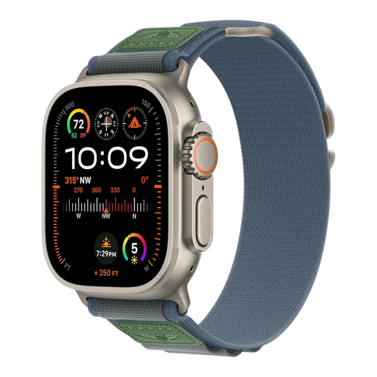 Blue nylon Military Alpine Loop band for Apple Watch Ultra and Series 3–9, featuring premium stitching and leather detail.