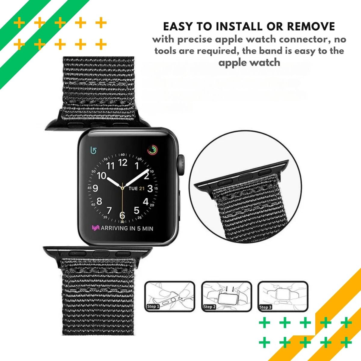 Black nylon Nato Apple Watch band with connectors shown attached to a watch. Text highlights "Easy to install or remove" with precise Apple Watch connector. Includes close-up of the connector and three illustrated installation steps at the bottom.