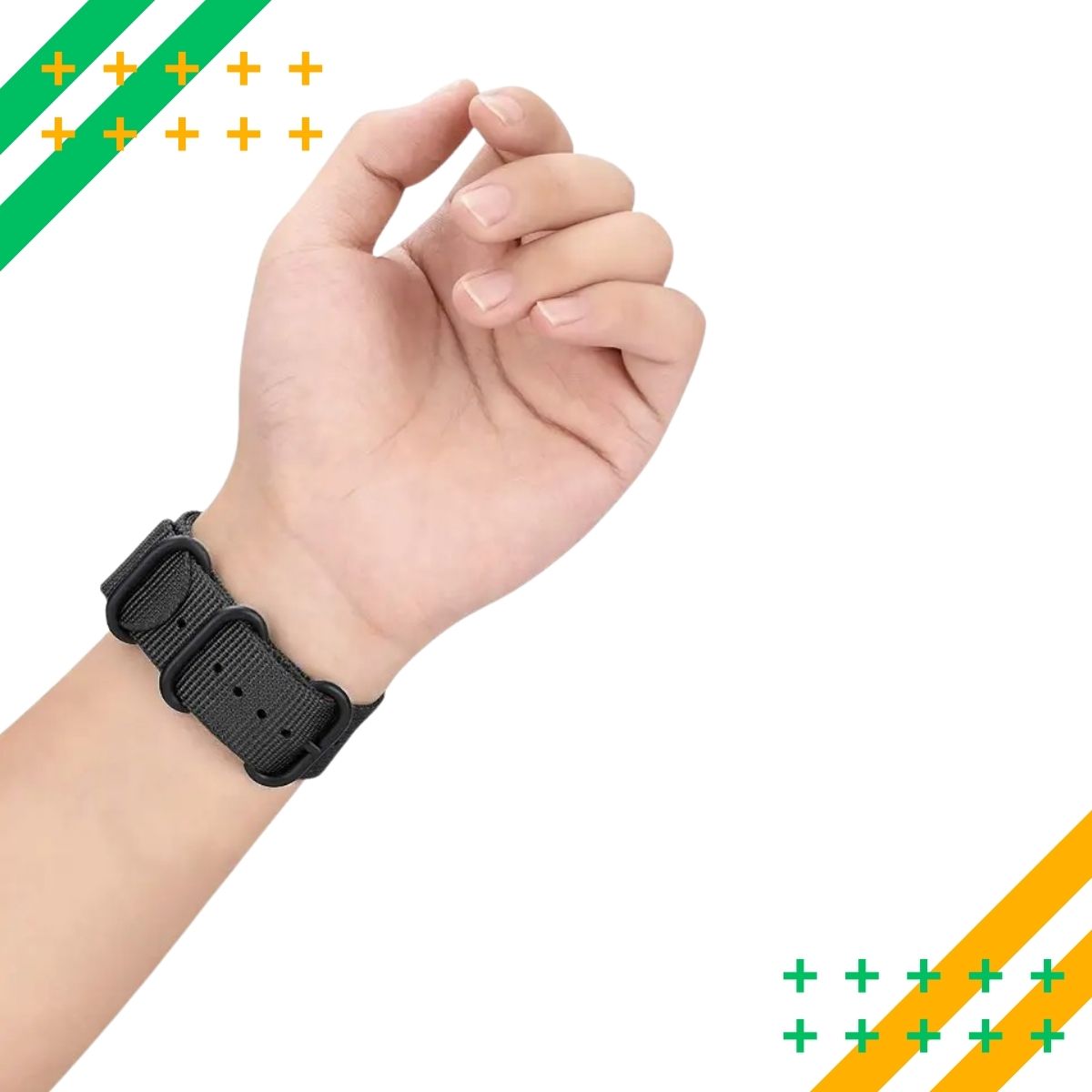 Hand wearing a black nato wristband for apple watch on a white background