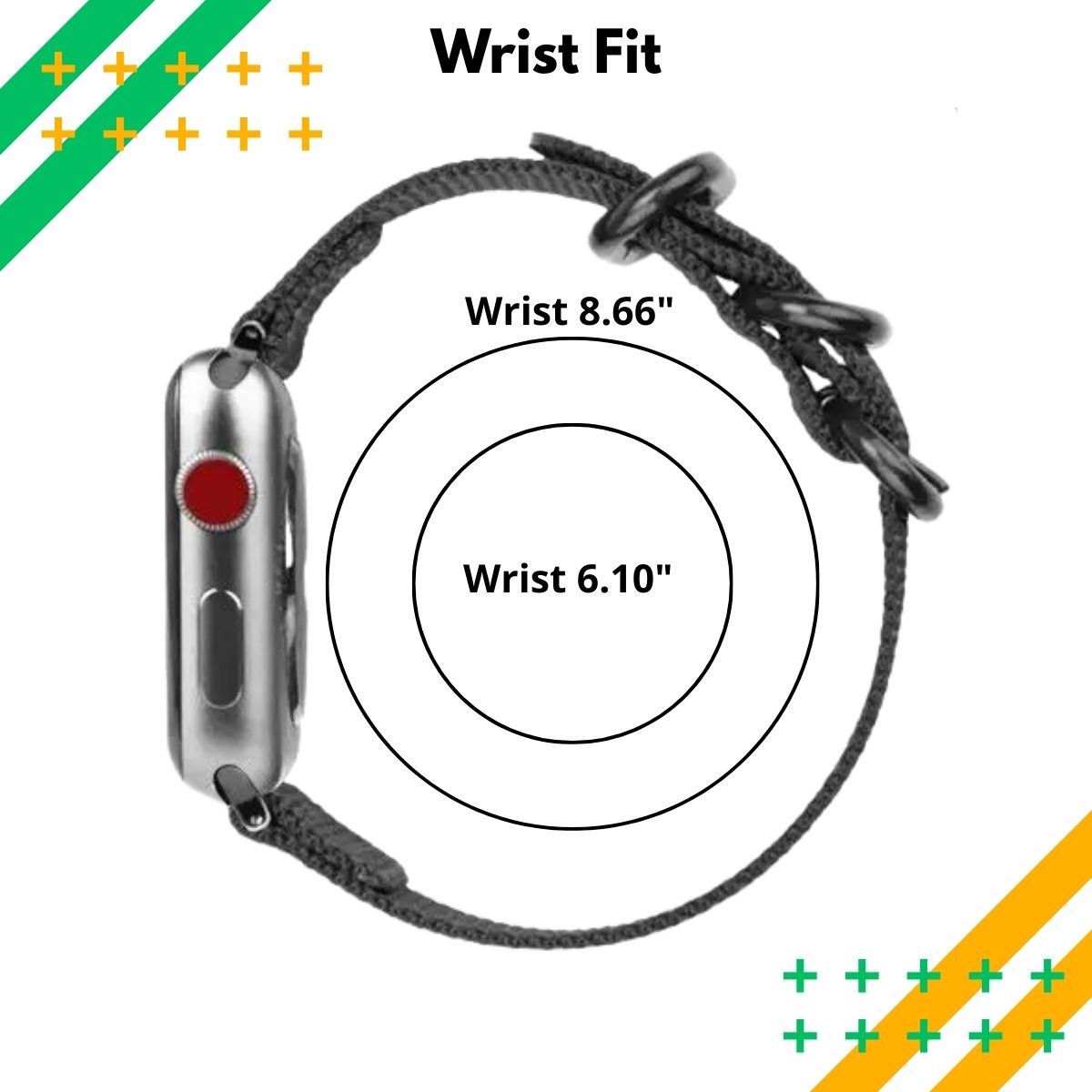 Nato Apple watch Wristband with measurement chart showing compatibility on a white background